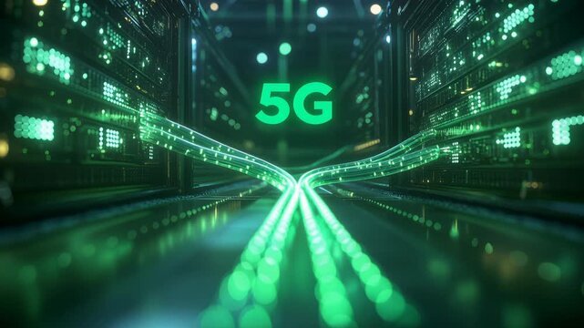 Futuristic 5G network data streams through server racks, fiber optic glowing green, high speed digital communication, telecom infrastructure, data center environment.