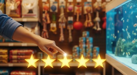 Fototapeta premium Customer giving five star review at pet store with aquarium. High quality pet supplies, premium animal care service, consumer satisfaction and top rated retail shop concept.