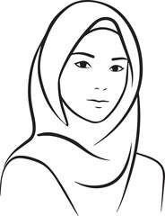 Smiling Muslim girl in hijab black and white vector illustration