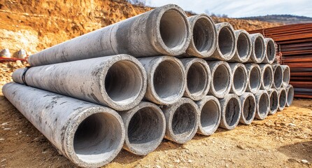 Stacked concrete pipes on construction site