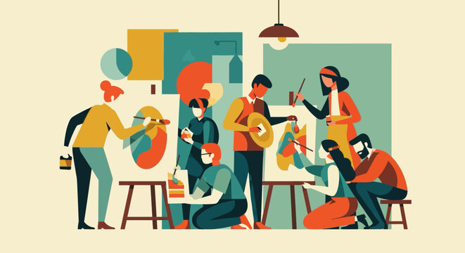 Creative art class with students and teachers in a flat abstract style