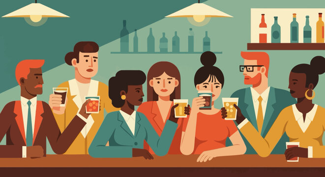 Group of diverse people enjoying drinks at a bar in retro flat style
