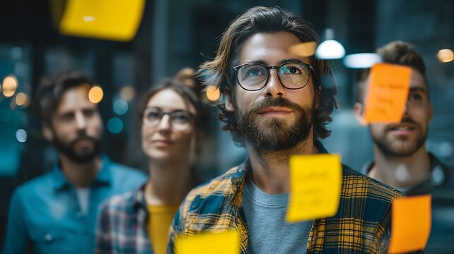 Man with glasses and beard actively participating in remote team brainstorming session with holograms