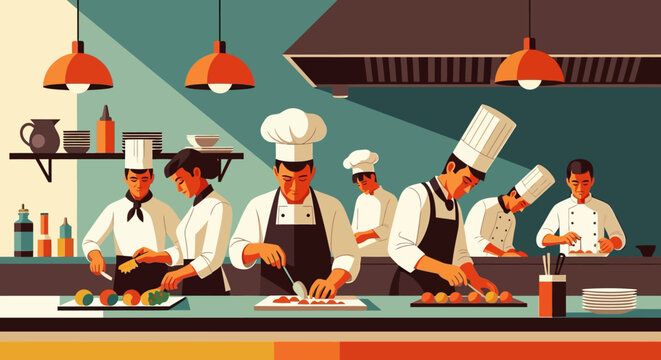 Team of chefs busy in a modern kitchen cooking and preparing meals