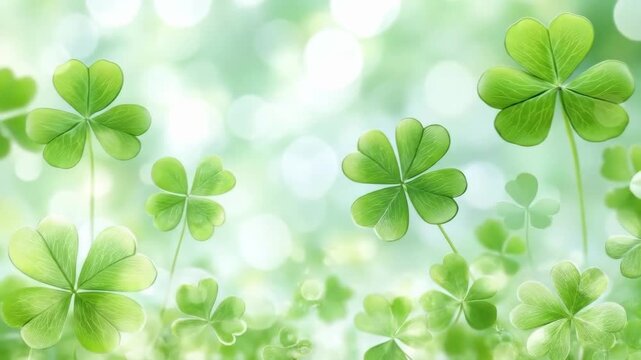 Lush green clover field with soft bokeh light and natural vignettes. Saint Patrick's Day, St Paddy's Day, St Patty's Day - Irish National Holiday and Cultural Celebration