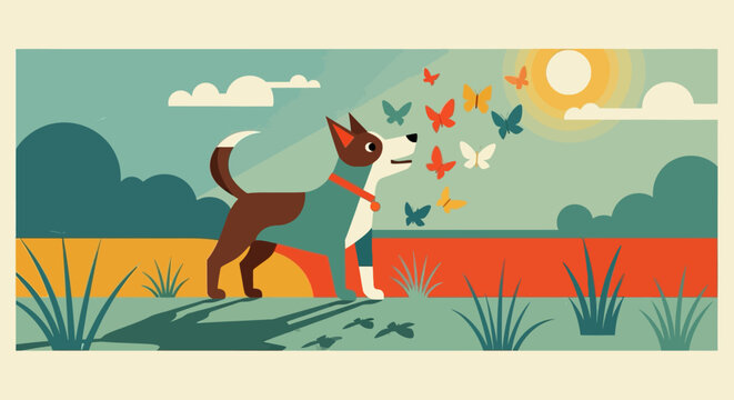 Playful dog enjoying a sunny day with butterflies in a retro landscape
