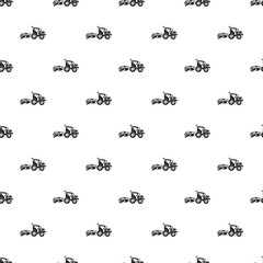 Repeating pattern of black farm tractors with harvesting machinery on a white background