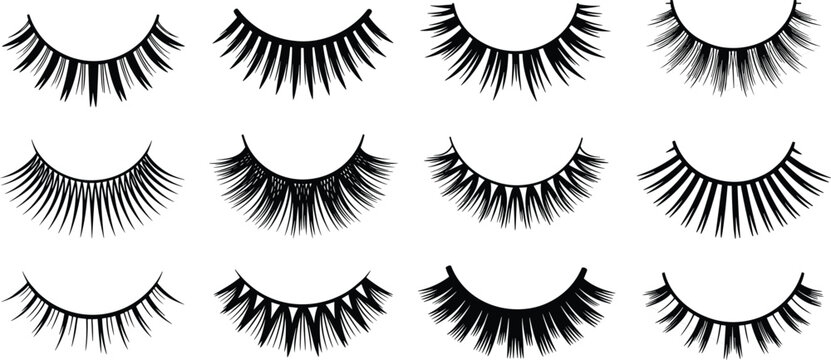 Black silhouette vector illustration of twelve different false eyelash styles arranged in grid, showing natural, dramatic, voluminous cosmetic beauty design