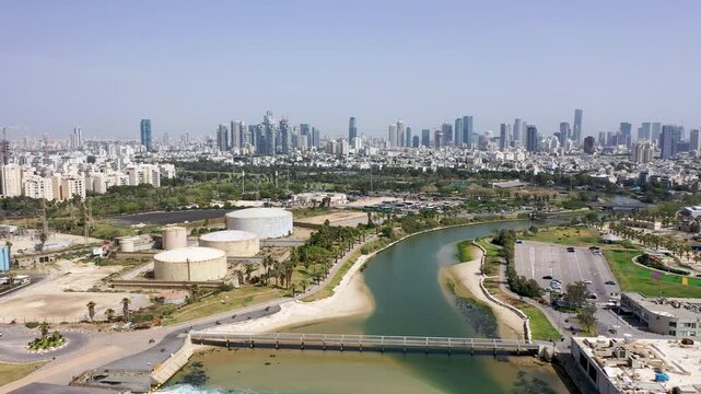 Aerial View of Yarkon River Estuary and Tel Aviv Port with Ramat Gan and Tel Aviv City Skyline, Israel