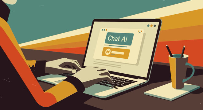 Retro style ai chat on laptop with coffee mug and notepad