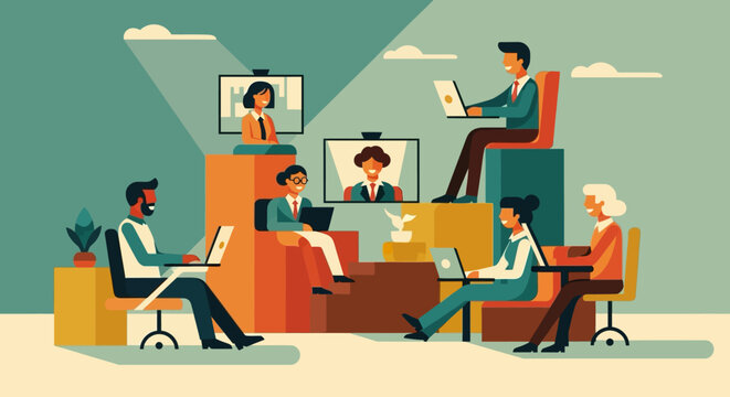 Remote team meeting in modern office setting with diverse professionals and laptops