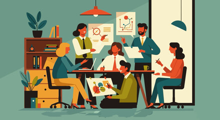 Fototapeta premium Collaborative team meeting in a modern office setting with charts and graphs