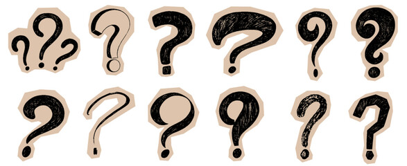 Crayon scrapbook question marks set. Hand drawn doodle punctuation symbols. Chalk pencil collection of various question marks doubt and thinking elements for collages on craft torn paper.