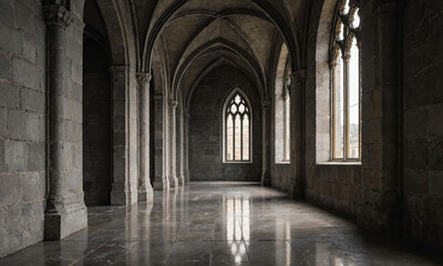 Fototapeta premium Gothic cathedral interior empty stone hallway with vaulted ceilings and tall windows featuring atmospheric light for a quiet medieval mood