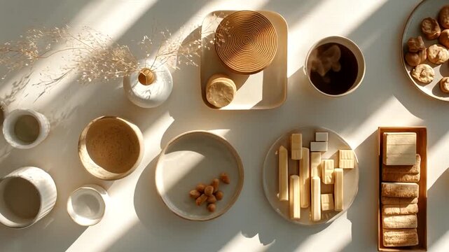 A beautiful flat lay arrangement of coffee, snacks, and ceramic dishes with soft shadows and warm light