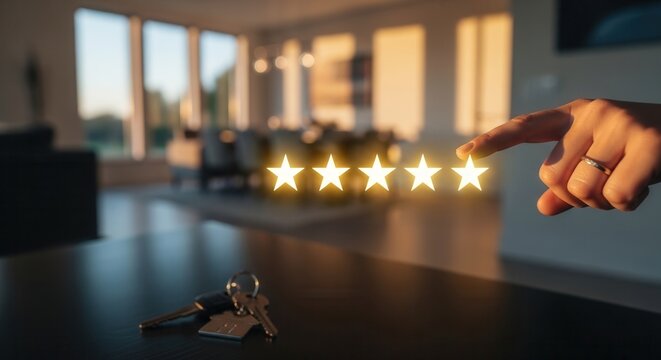 Hand with ring selecting five star rating in blurred luxury apartment with keys on table. Real estate reputation, high end property management and premium customer satisfaction concept