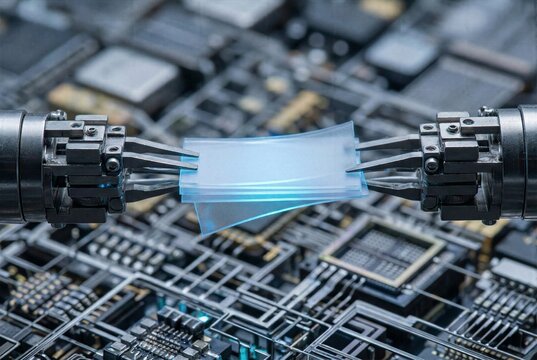 Precision robotic grippers holding flexible blue semiconductor wafer over microchip circuit board for advanced electronics