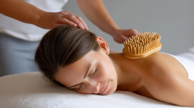 Masseuse using a wooden maderotherapy tool on a woman's back, natural body massage technique, relaxation body care, holistic wellness therapy, cellulite massage tool, faceless,