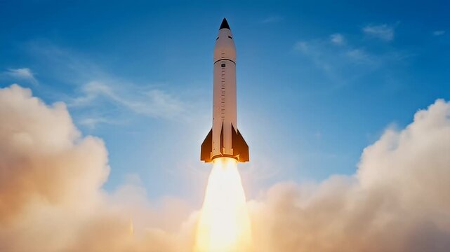 Spectacular view of a rocket taking off with fiery exhaust and fluffy clouds