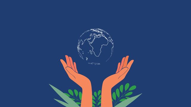World Earth Day animation with rotating globe and caring hands. Save the planet concept for World Earth Day