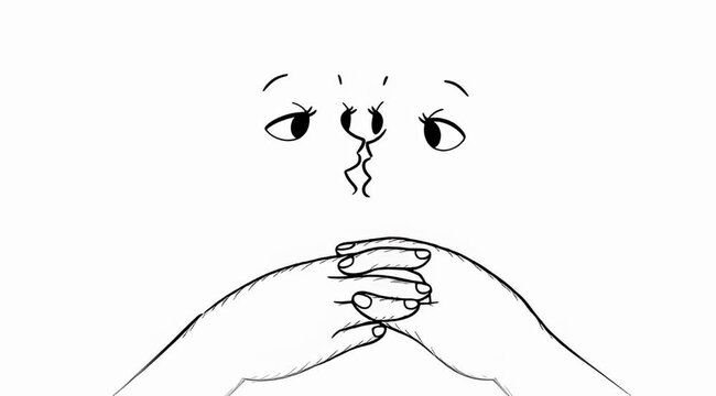 Minimalist line art depicting a face with hands clasped in thoughtful consideration