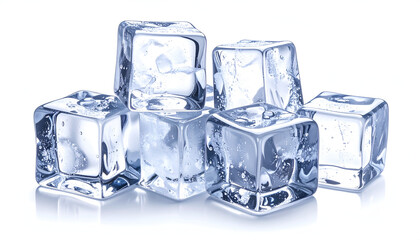A close-up of several translucent ice cubes, arranged in a small pile