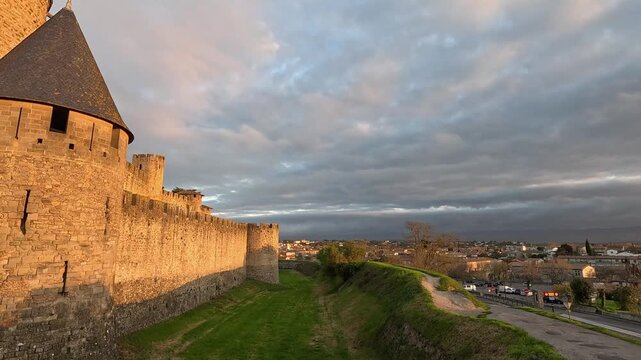 Sunrise panoramic of Cite de Carcassonne, France