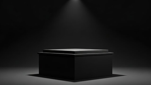 Minimalist black rectangular podium with a single spotlight illuminating the surface in a dark studio setting Keywords: podium, display, stage, platform, black, dark, spotlight, illumination