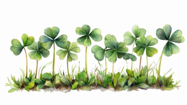 Watercolor shamrocks in a lush green row. Saint Patrick's Day, St Paddy's Day, St Patty's Day - Irish National Holiday and Cultural Celebration