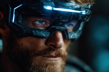 Man wearing futuristic glasses close up