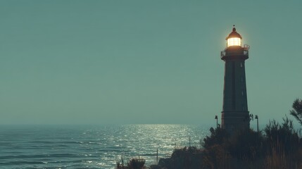 Lighthouse on a rocky coast at dusk