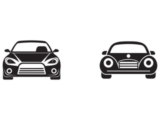 Obraz premium Black and white silhouettes of two vintage and modern cars facing forward on white background cars and transportation icons