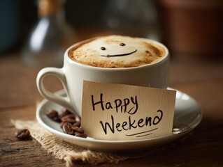 Coffee with a happy face and happy weekend note