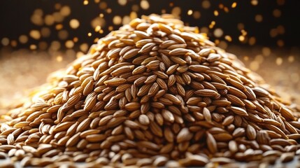 Obraz premium close-up pile of golden cereal grains with warm glowing bokeh, abundant and inviting