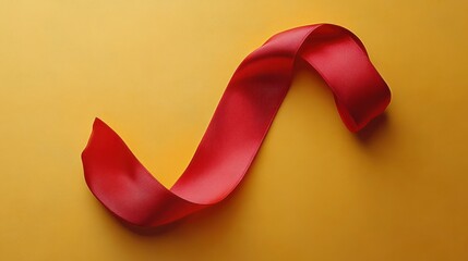 single flowing red satin ribbon curling in an s-shape on a warm yellow background, elegant and festive mood