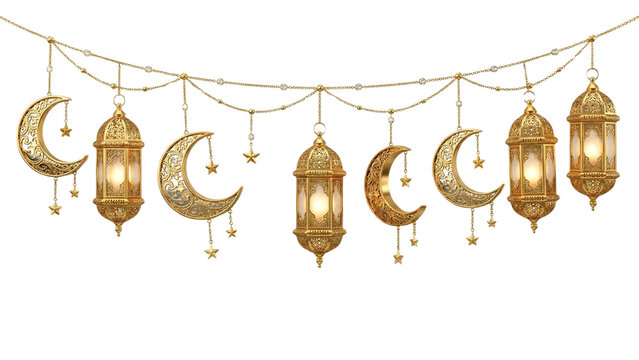 Golden crescent moon and lantern decorations for Ramadan or Eid celebrations