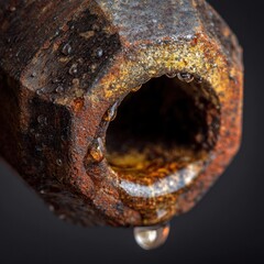 Close up of a rusty metal object with water droplets