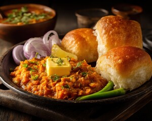 Pav bhaji an indian street food dish with bread vegetables and butter