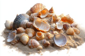 Obraz premium assorted seashells scattered on soft sand bathed in warm sunlight evoking a tranquil seaside mood