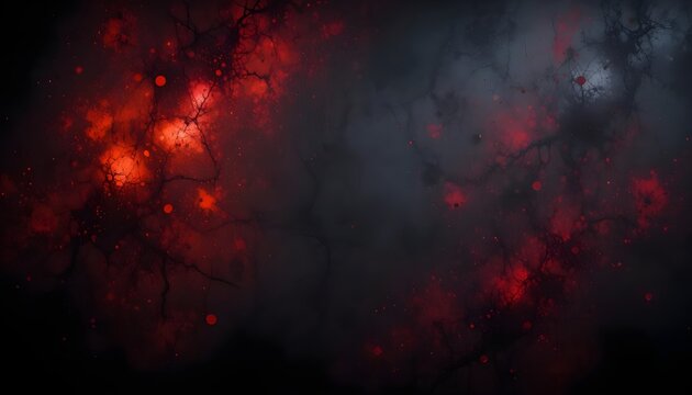 Dark moody abstract background with glowing red and orange rust textures, heavy grain