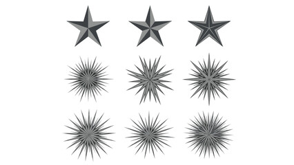 Obraz premium Grid of nine star icons in shades of gray, showing variations from a simple five-pointed star to complex spiky starbursts, ideal for ratings and decorative elements.