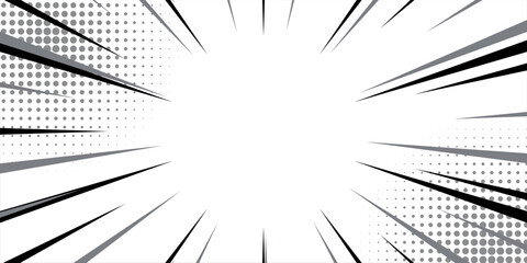 Comic book black and white radial lines background. Manga speed frame. Super hero action. Vector illustration.