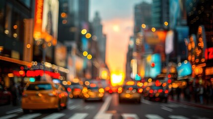 Blurred city street scene with taxis and lights