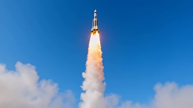 Spectacular rocket launch ascending through the atmosphere with vibrant flames and smoke