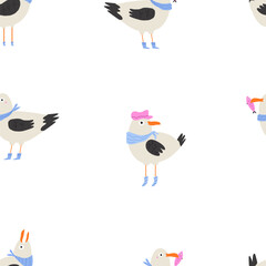 Fototapeta premium Seamless Seagull Pattern – Cute Cartoon Coastal Bird Vector Background