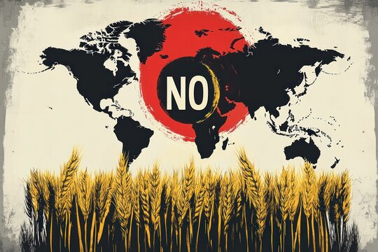 defiant global message: black world map over a red sun with bold no above a field of golden wheat, gritty and urgent