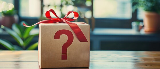Fototapeta premium Cardboard gift box with red ribbon and question mark symbol on wooden table, mystery surprise concept, promotion, secret offer