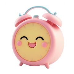 Fototapeta premium Smiling pink alarm clock cartoon character waking up happy, cheerful morning time concept with transparent background