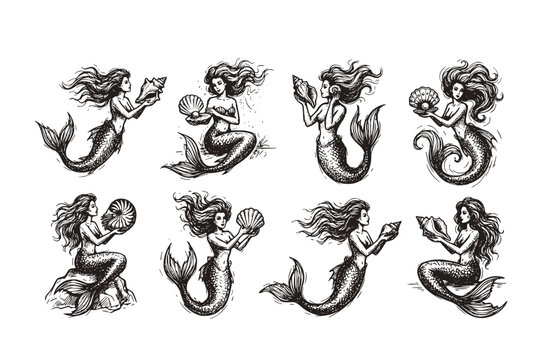 Vintage Mermaid Holding Shell Retro Engraving Style Black Icon Old Illustration Trendy Sketch Seashell Ocean Art Drawing