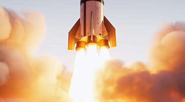 Magnificent depiction of a multiengine rocket blasting off into the light blue sky